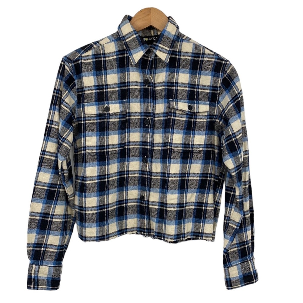 Sojara Button Cropped Jacket Women Size Small Blue‎ Sequin Star Flannel Plaid
